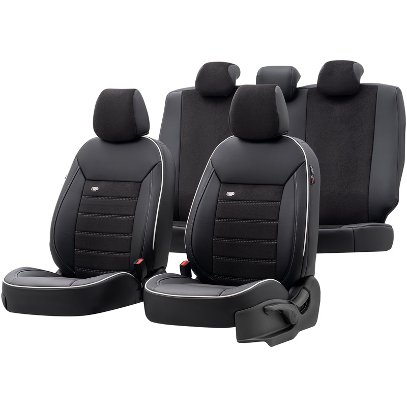 Housse de sièges universel en cuir/velours 'Premium' Noir + Lisière blanc - 11-pièces - adapté aux Side-Airbags