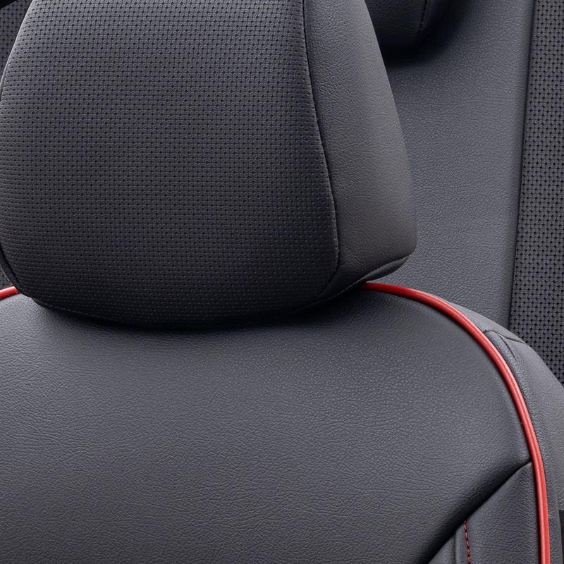 Housse de sièges universel en plein cuir 'Premium' Noir + Lisière rouge - 11-pièces - adapté aux Side-Airbags