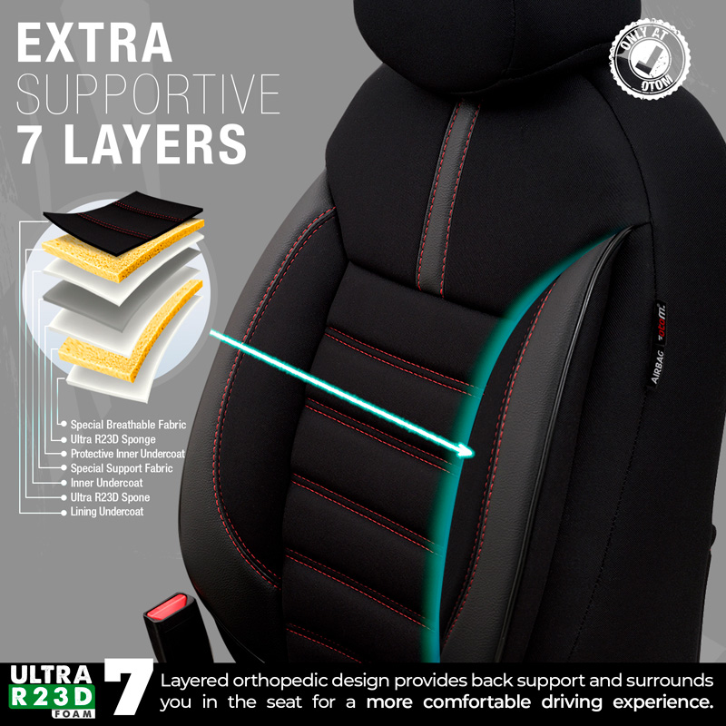 Housse de sièges universel en textile/cuir 'Limited' Noir + Surpiqûres rouge - 11-pièces - adapté aux Side-Airbags