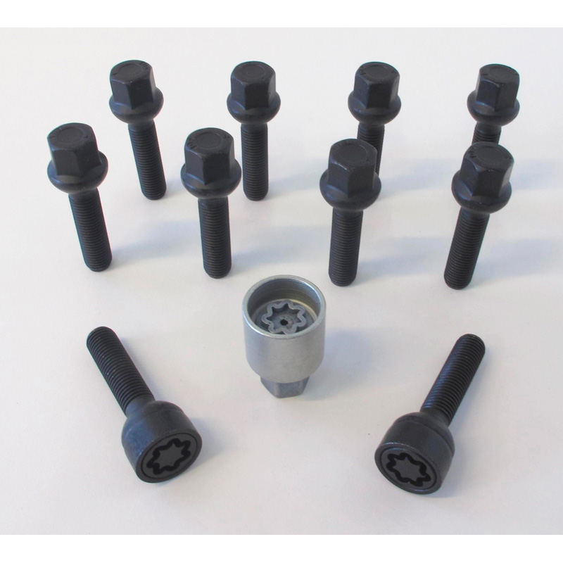 Jeu de Boulons de roue H&R sphérique R12 M12x1.50 - Longueur 60mm - Noir - 10 pièces (p.e. sur mesure pour Mercedes) - antivol de roue inclus