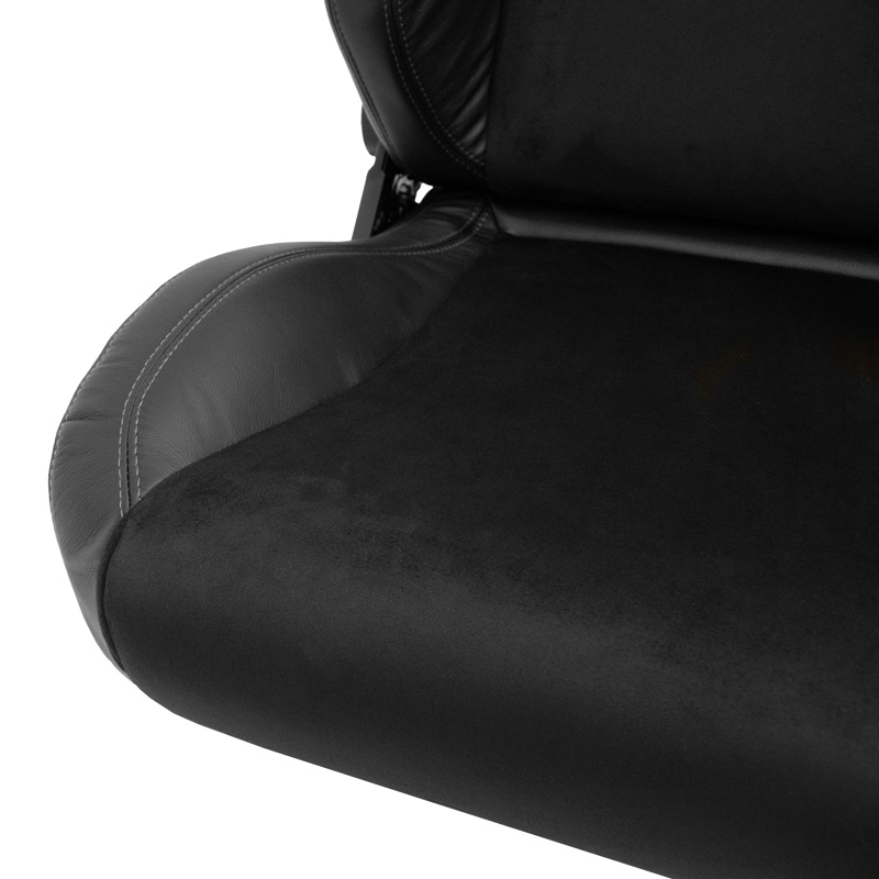 Siège baquet 'VGR Premium' - Cuir & Alcantara Noir + Surpiqûres argent - Dossier réglable - incl. glissières