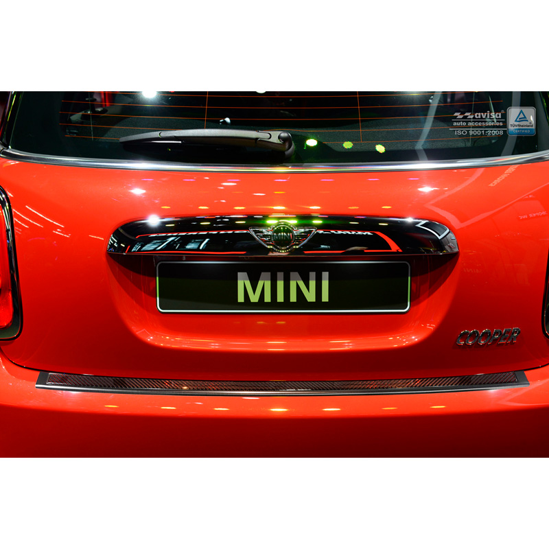 Protection de seuil arrière inox 'Deluxe' sur mesure pour Mini One/Cooper F56 3-portes 3/2014- Noir/Carboné noir-rouge
