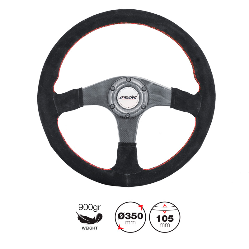 Simoni Racing Volant Universel Walter - Carbone - Suède Noir + Couture Rouge - Diamètre 350mm