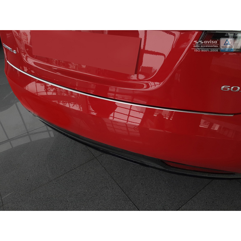 Protection de seuil arrière inox 'Deluxe' sur mesure pour Tesla Model S 2012-2016 & Facelift 2016- Chromé/Carboné noir