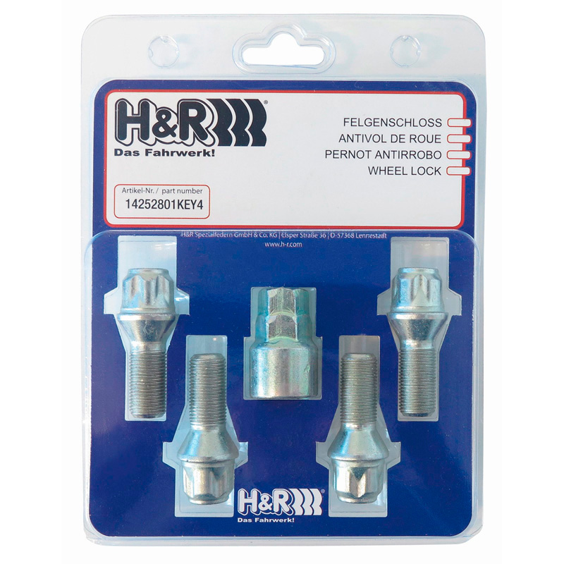 Jeu de antivol de roue H&R M12x1.25x36mm à embase platte - 4 boulons antivol de roues avec adaptateur