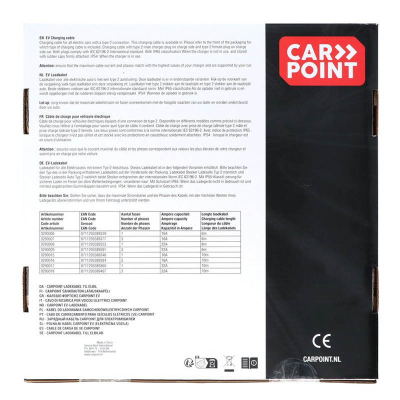Câble de charge Carpoint pour véhicule électrique Type 2>2 16 AMP triphasé 6 mètres