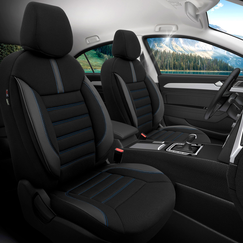 Housse de sièges universel en textile/cuir 'Limited' Noir + Surpiqûres bleu - 11-pièces - adapté aux Side-Airbags