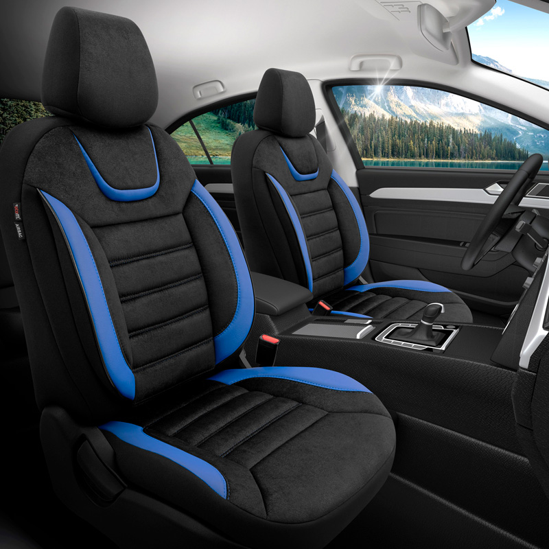Housse de sièges universel en suede/cuir/textile 'Iconic' Noir/Bleu - 11-pièces - adapté aux Side-Airbags