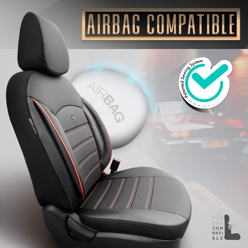 Housse de sièges universel en plein cuir 'Inspire' Noir + Lisière rouge - 11-pièces - adapté aux Side-Airbags