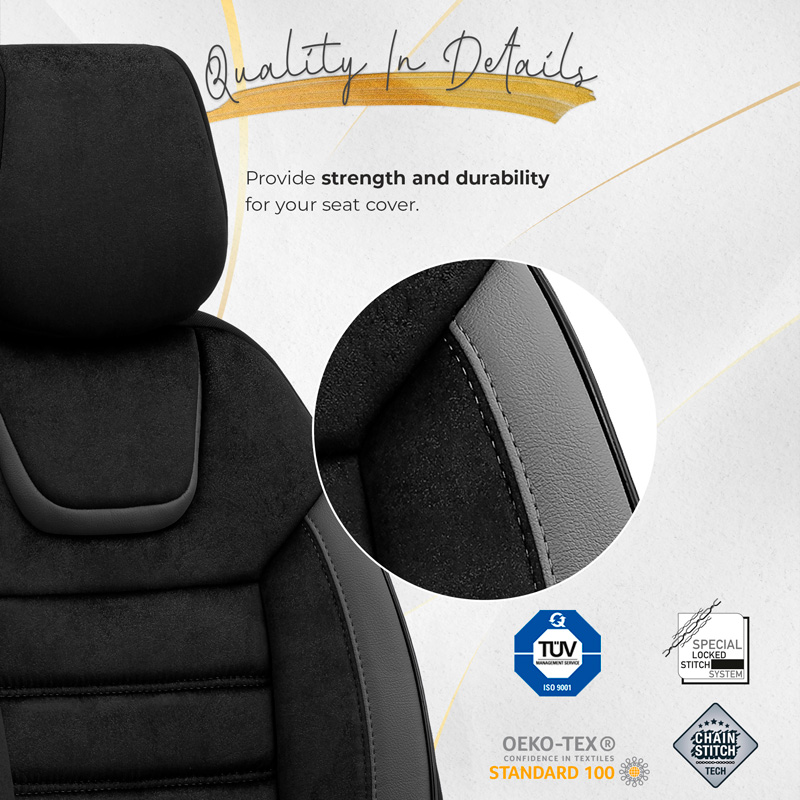 Housse de sièges universel en suede/cuir/textile 'Iconic' Noir/Gris - 11-pièces - adapté aux Side-Airbags