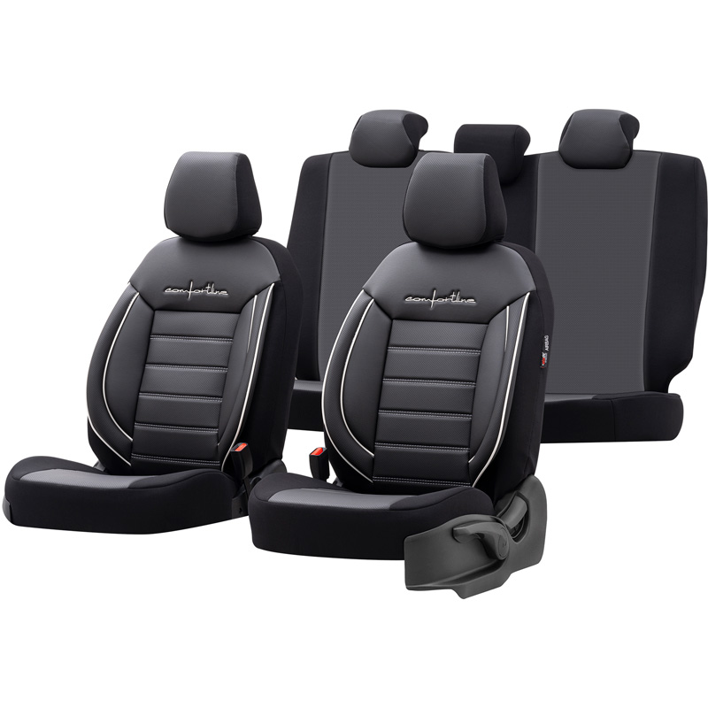 Housse de sièges universel en cuir/textile 'Comfortline' Noir/Gris + Lisière blanc - 11-pièces - adapté aux Side-Airbags