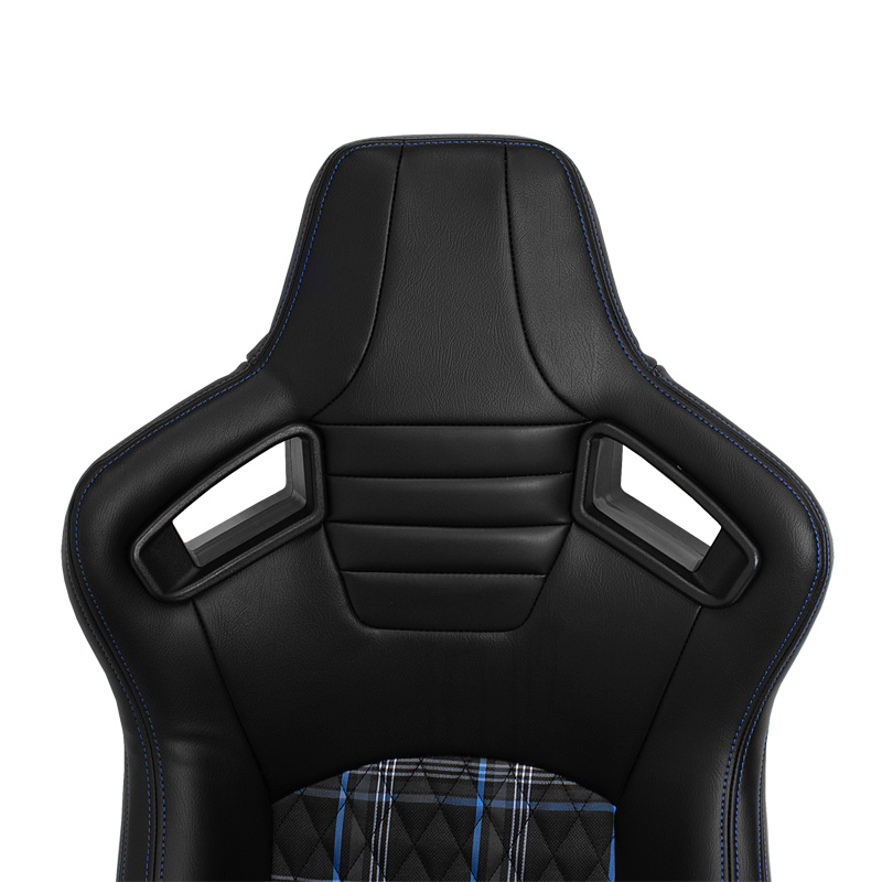 Siège baquet 'GT' - Simili Cuir Noir + Tissu en motif à carreaux Bleu + Surpiqûres Bleu - Dossier réglable - incl. glissières