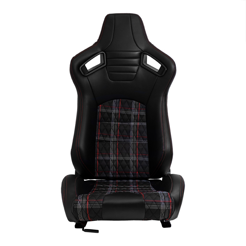 Siège baquet 'GT' - Simili Cuir Noir + Tissu en motif à carreaux Rouge + Surpiqûres Rouge - Dossier réglable - incl. glissières