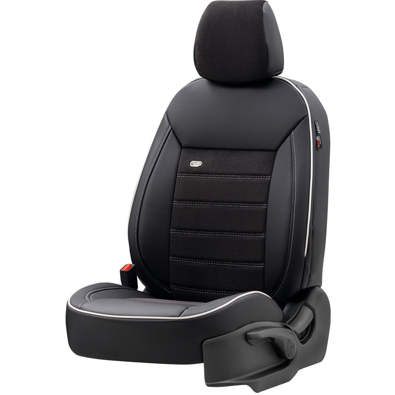 Housse de sièges universel en cuir/velours 'Premium' Noir + Lisière blanc - 11-pièces - adapté aux Side-Airbags