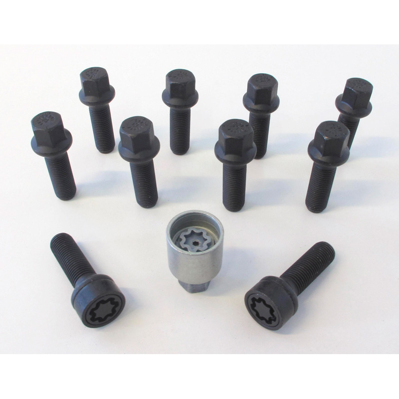 Jeu de Boulons de roue H&R sphérique R14 M14x1.50 - Longueur 31mm - Noir - 10 pièces - antivol de roue inclus