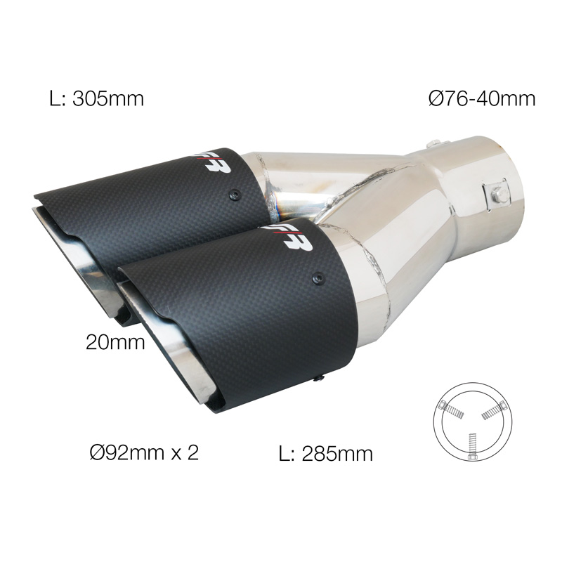 Simoni Racing Embout d'Échappement Rond/Oblique Double (à droite) Carboné-Mattes+Inox - Ø922xL305mm - Montage 40-76mm