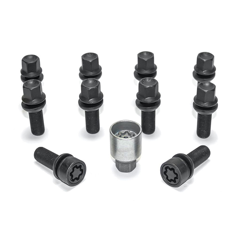 Jeu de Boulons de roue H&R sphérique avec cône mobile R13 M14x1.50 - Longueur 32mm - Noir - 10 pièces (p.e. sur mesure pour Audi S5) - antivol de roue inclus