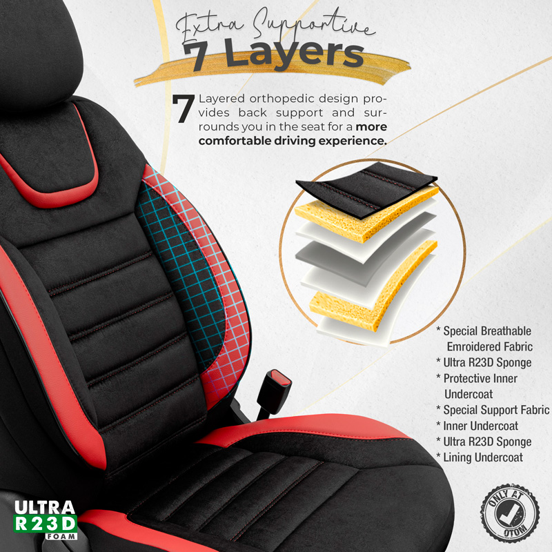 Housse de sièges universel en suede/cuir/textile 'Iconic' Noir/Rouge - 11-pièces - adapté aux Side-Airbags