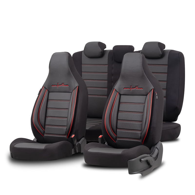 Housse de sièges 'CityBug' universel en cuir/textile 'Comfortline' Noir/Rouge - 9-pièces - adapté aux Side-Airbags