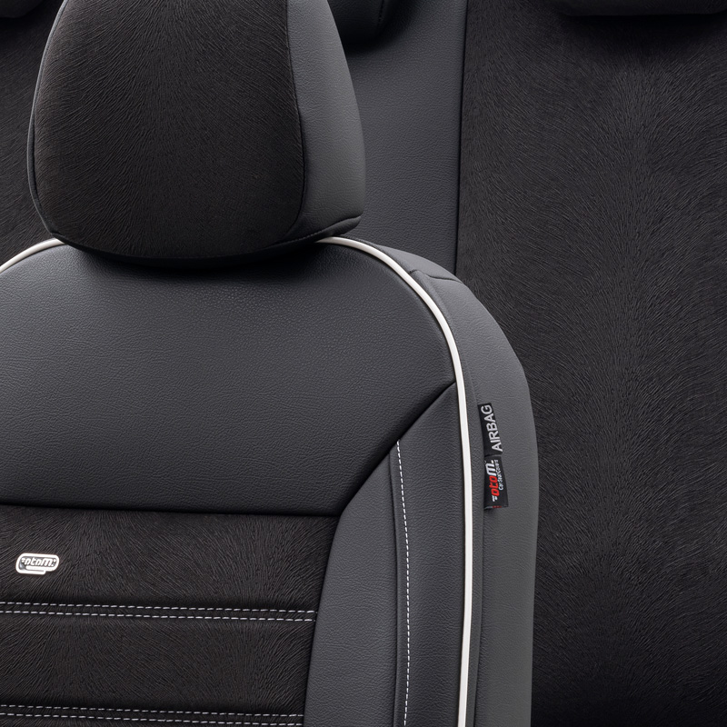 Housse de sièges universel en cuir/velours 'Premium' Noir + Lisière blanc - 11-pièces - adapté aux Side-Airbags