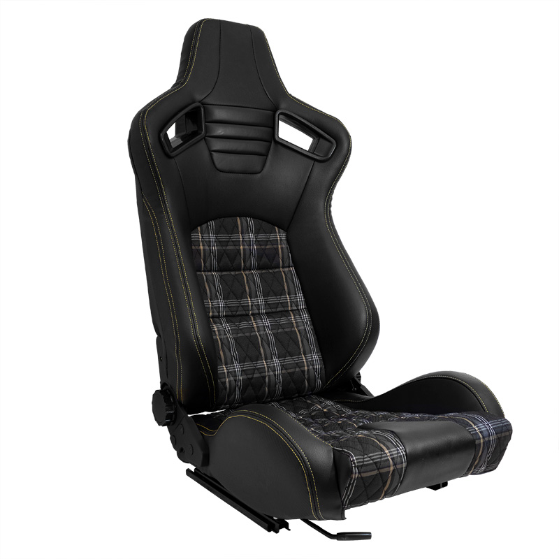 Siège baquet 'GT' - Simili Cuir Noir + Tissu en motif à carreaux Jaune + Surpiqûres Jaune - Dossier réglable - incl. glissières