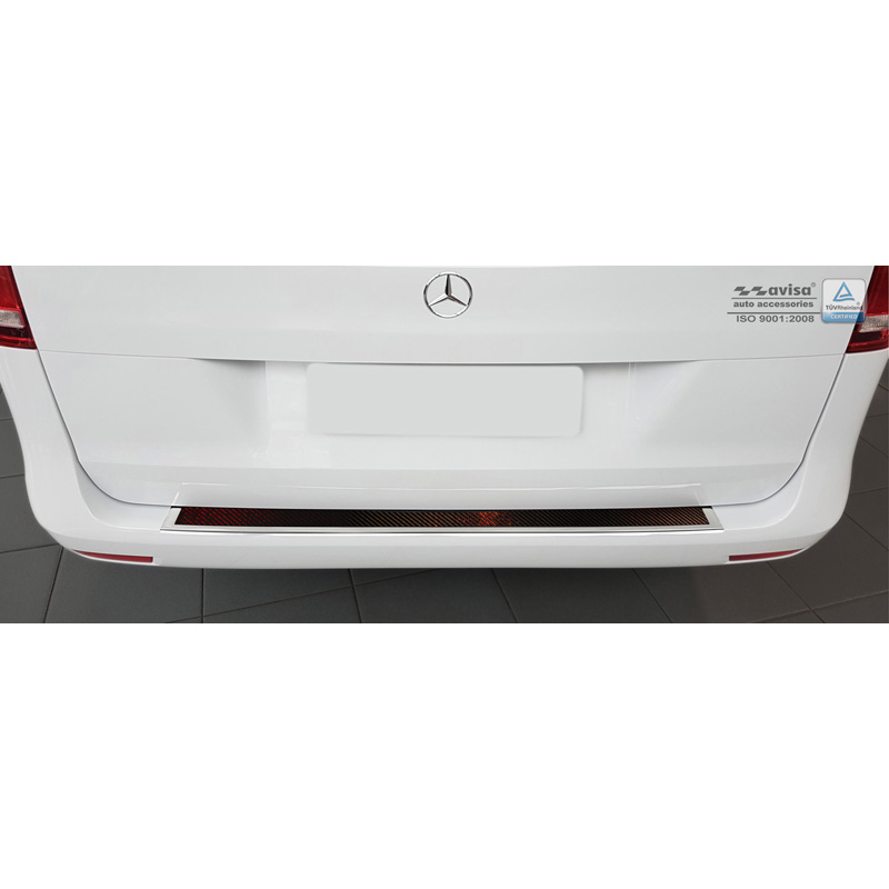 Protection de seuil arrière inox 'Deluxe' sur mesure pour Mercedes Vito W447 2014-2019 & Facelift 2019- Chromé/Carboné noir-rouge