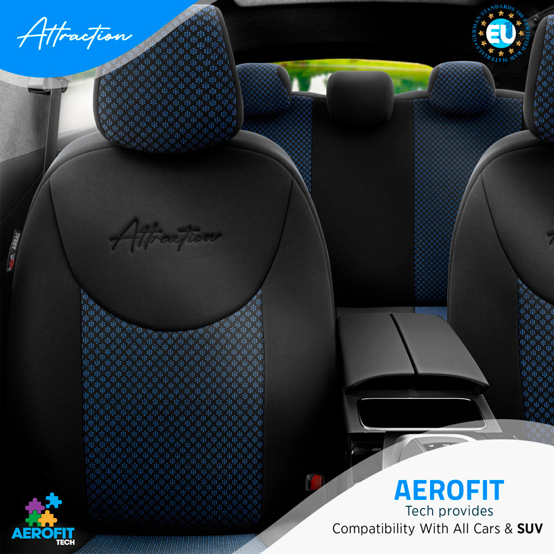 Housse de sièges universel en textile 'Attraction' Noir/Bleu - 11-pièces - adapté aux Side-Airbags