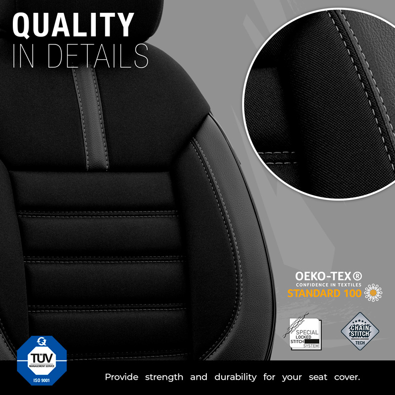 Housse de sièges universel en textile/cuir 'Limited' Noir + Surpiqûres gris - 11-pièces - adapté aux Side-Airbags