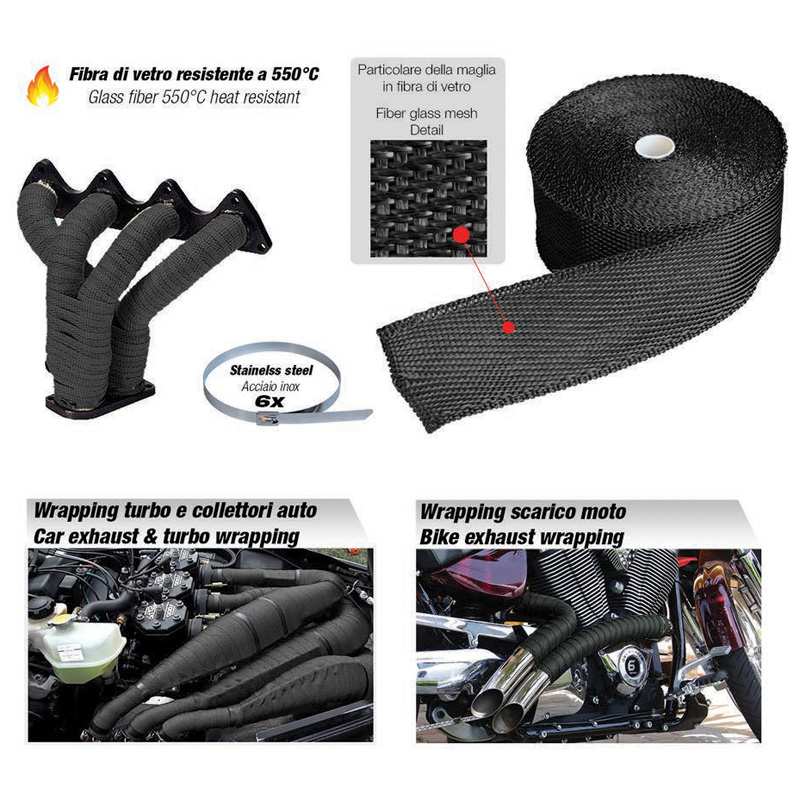 Simoni Racing Kit Ruban Isolant pour Échappement  2 - 15m x 5cm + 6 colliers < 550°C - Fibre de Verre