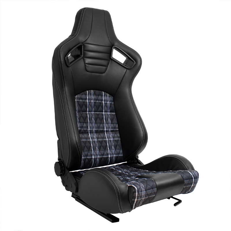 Siège baquet 'GT' - Simili Cuir Noir + Tissu en motif à carreaux Gris + Surpiqûres Gris - Dossier réglable - incl. glissières