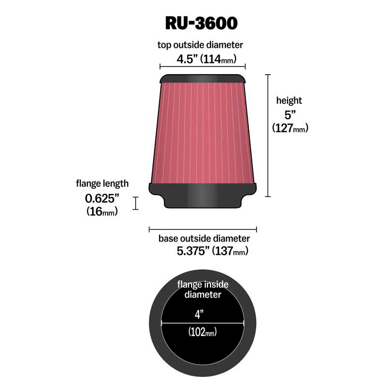 K&N Filtre à Air Universel Conique 102mm raccordement, 137mm de base, 114mm en haut, hauteur 127mm (RU-3600)
