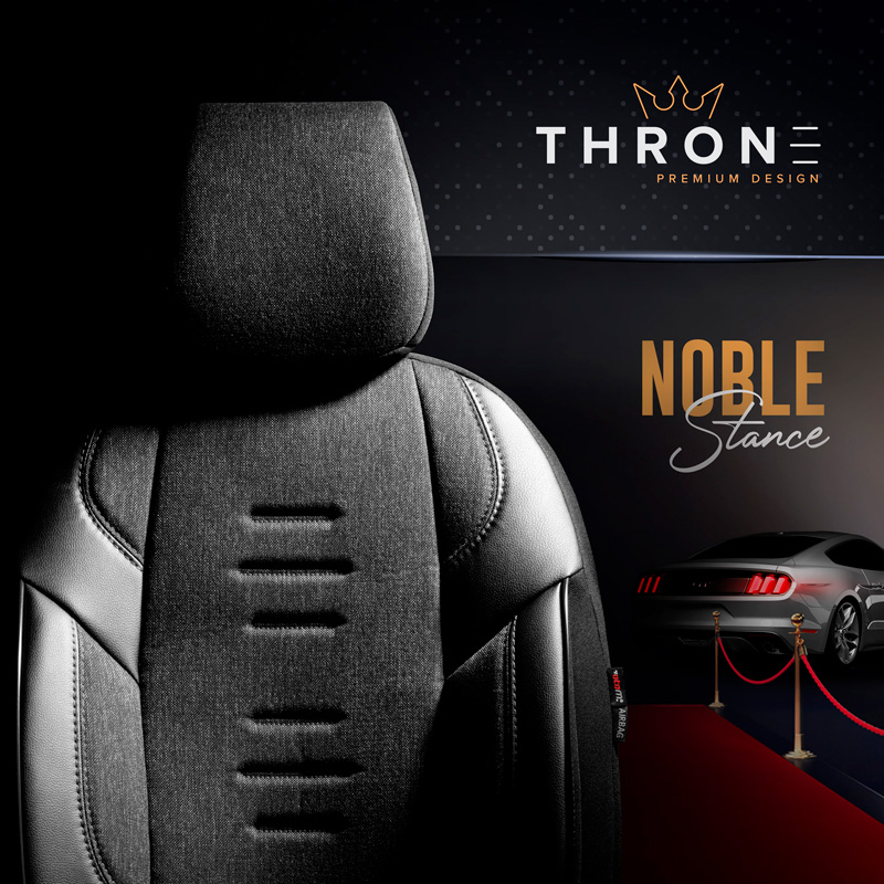 Housse de sièges universel en toile/cuir/textile 'Throne' Noir/Gris - 11-pièces - adapté aux Side-Airbags