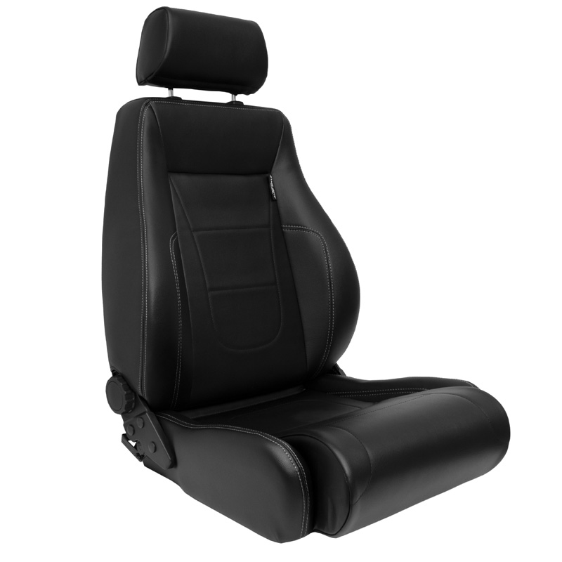 Siège baquet 'Retro II' - Simili Cuir Noir + Surpiqûres argent - Dossier réglable - incl. glissières