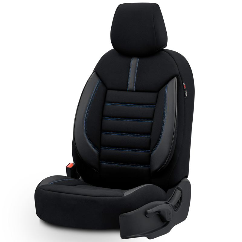 Housse de sièges universel en textile/cuir 'Limited' Noir + Surpiqûres bleu - 11-pièces - adapté aux Side-Airbags