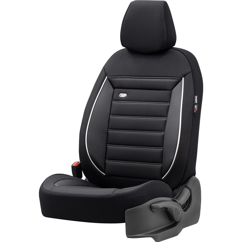 Housse de sièges universel en textile 'Prestige' Noir/Anthracite + Lisière blanc - 11-pièces - adapté aux Side-Airbags