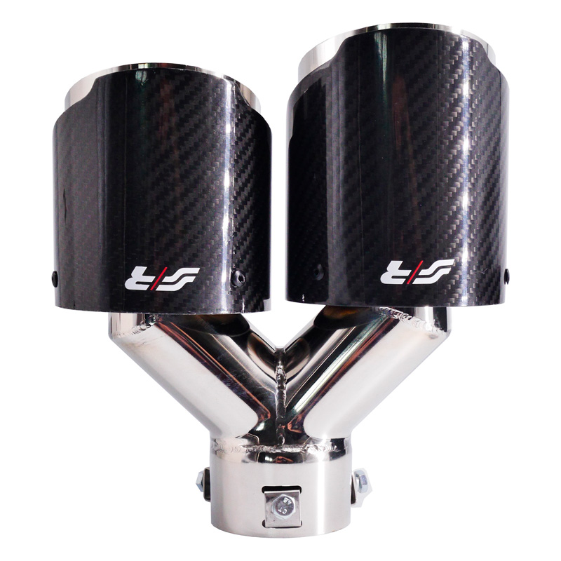 Simoni Racing Embout d'Échappement à droite Rond Double/Oblique Inox & Carbon - Ø102xL215-230mm - Montage ->40-63mm