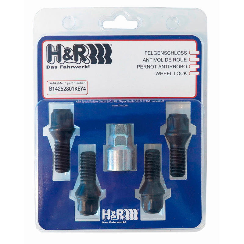 Jeu de antivol de roue H&R M14x1.50x28mm conique Noir - 4 boulons antivol de roues avec adaptateur
