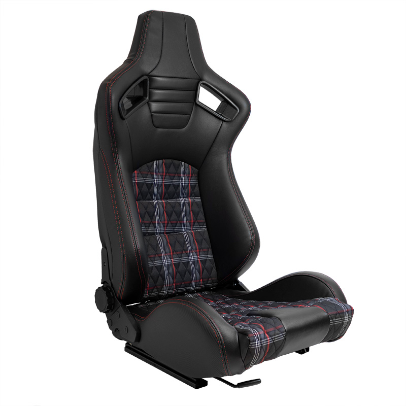 Siège baquet 'GT' - Simili Cuir Noir + Tissu en motif à carreaux Rouge + Surpiqûres Rouge - Dossier réglable - incl. glissières