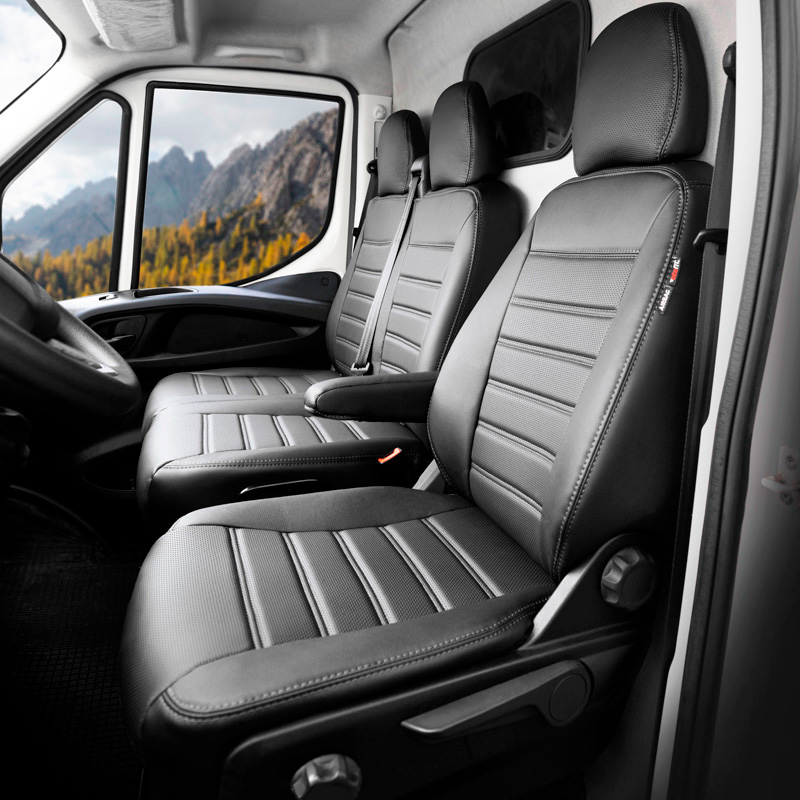 otoM New York Design Housses de siège en cuir artificiel 2+1 sur mesure pour Volkswagen Transporter T7 2024- (accoudoir sur le siège du conducteur)