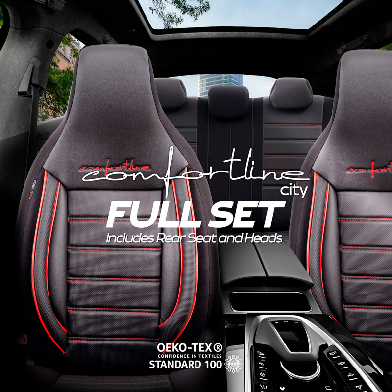 Housse de sièges 'CityBug' universel en cuir/textile 'Comfortline' Noir/Rouge - 9-pièces - adapté aux Side-Airbags