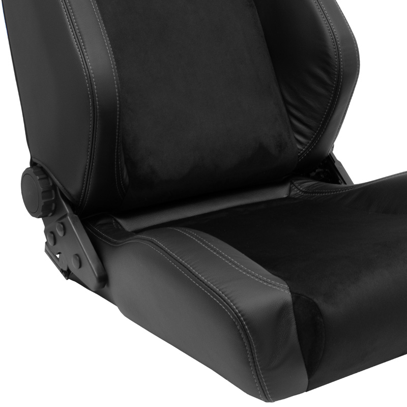 Siège baquet 'VGR Premium' - Cuir & Alcantara Noir + Surpiqûres argent - Dossier réglable - incl. glissières
