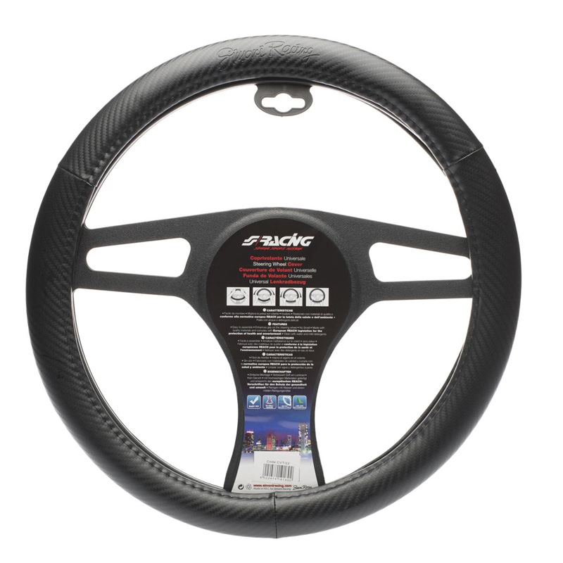 Simoni Racing Couvre-Volant Inox - Eco-Cuir Noir/Aspect Carbone - 37-39cm