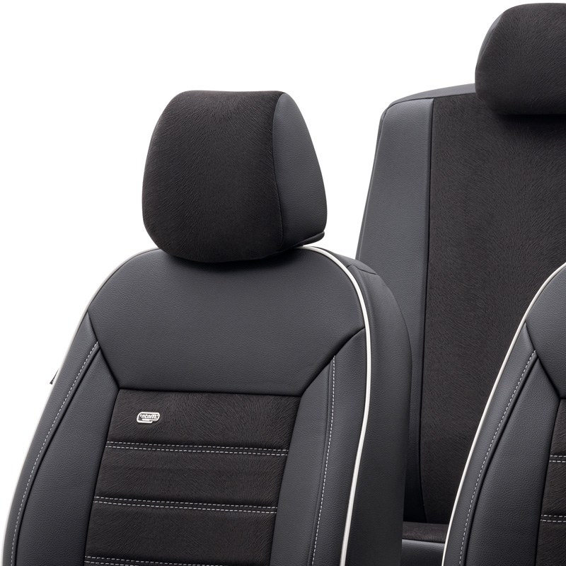 Housse de sièges universel en cuir/velours 'Premium' Noir + Lisière blanc - 11-pièces - adapté aux Side-Airbags