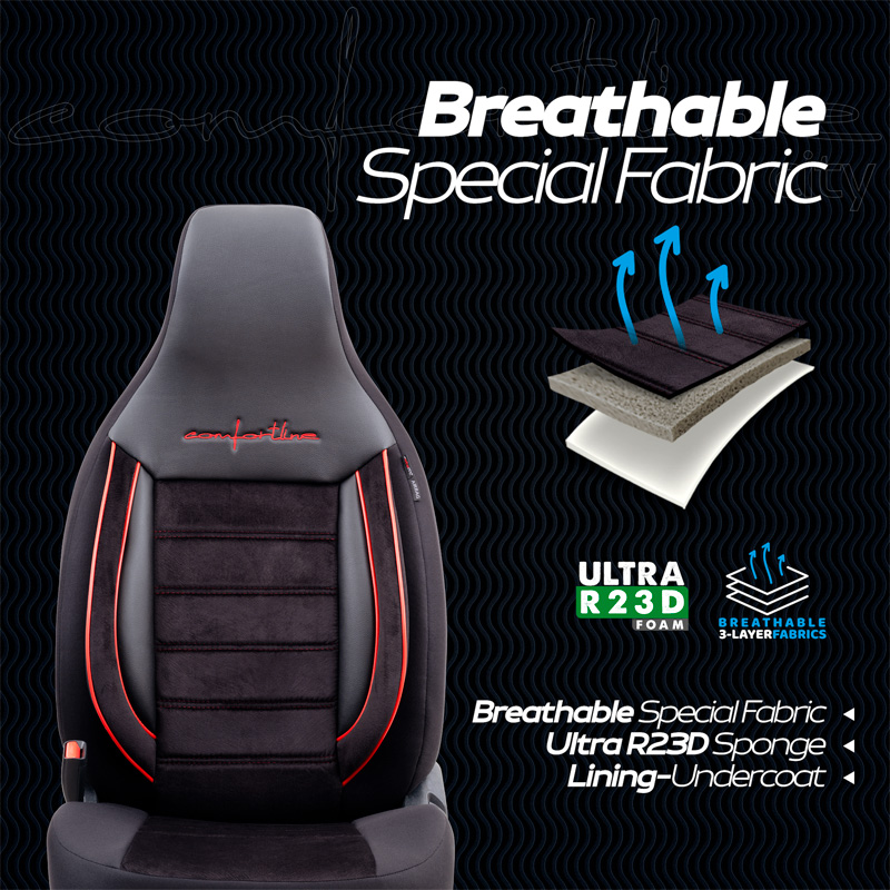 Housse de sièges 'CityBug' universel en velours/textile 'Comfortline' Noir/Rouge - 9-pièces - adapté aux Side-Airbags