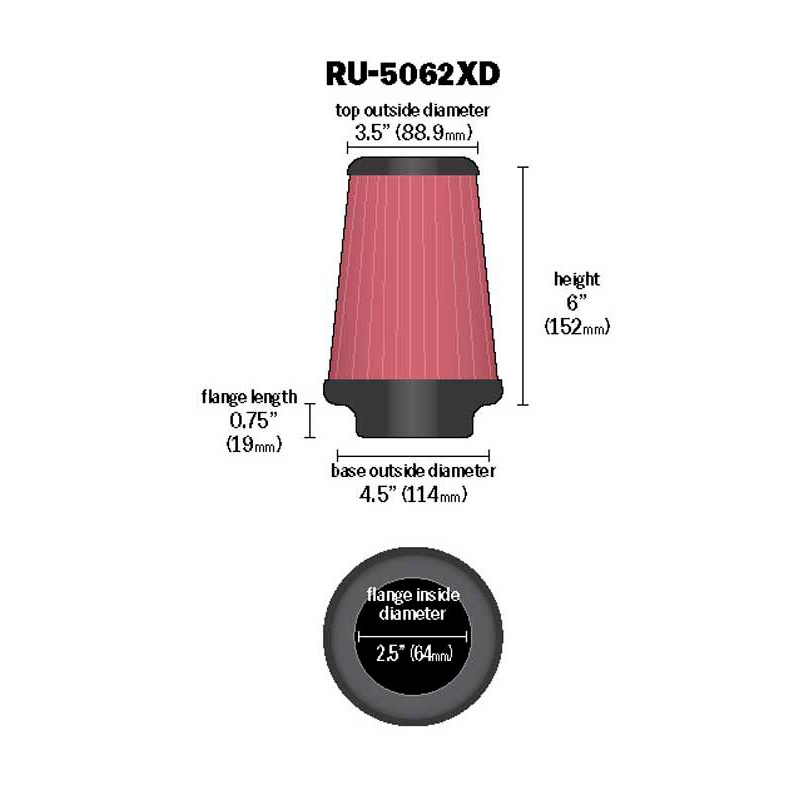 K&N Filtre à Air Universel Conique 64mm raccordement, 114mm de base, 89mm en haut, hauteur 152mm Extreme Duty (RU-5062XD)