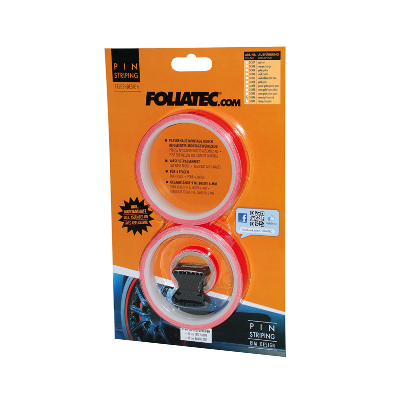 Foliatec PIN Striping pour jantes incl. pièce de montage - neon rouge - 4 bandes 6mmx2,15mètre & 1 teste 6mmx40cm