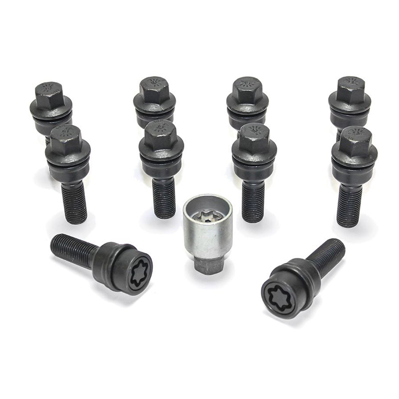 Jeu de Boulons de roue H&R sphérique avec cône mobile R14 M14x1.50 - Longueur 40mm - Noir - 10 pièces (p.e. sur mesure pour Audi Q3, Q5) - antivol de roue inclus