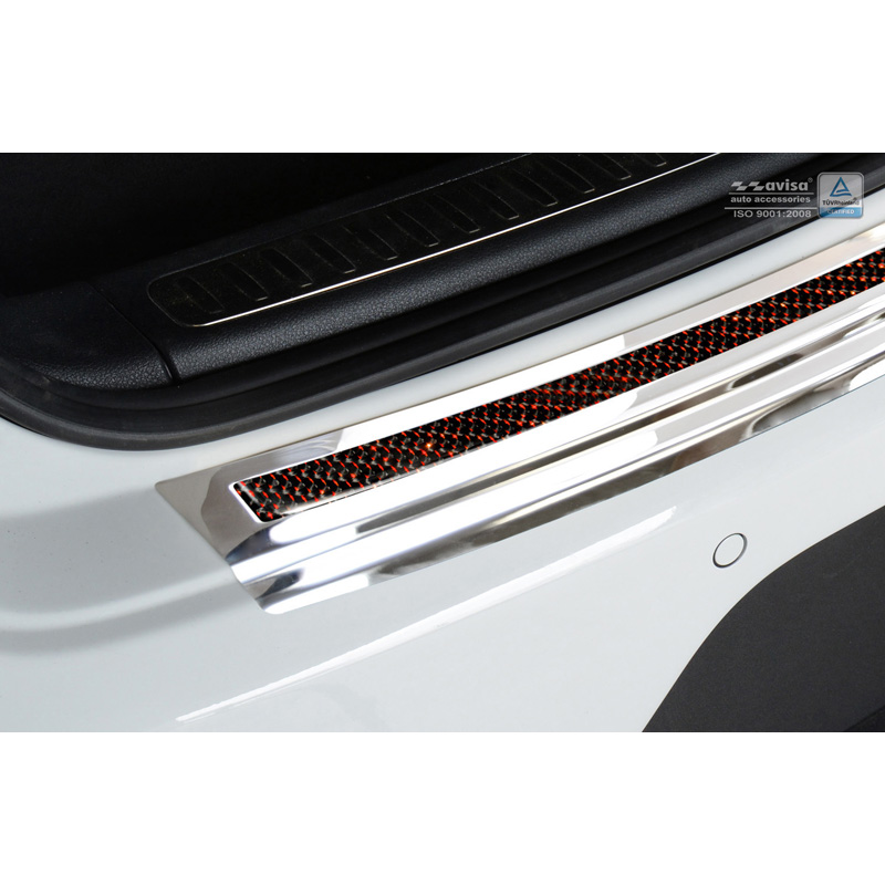 Protection de seuil arrière inox 'Deluxe' sur mesure pour Porsche Macan 2014- Chromé/Carboné noir-rouge