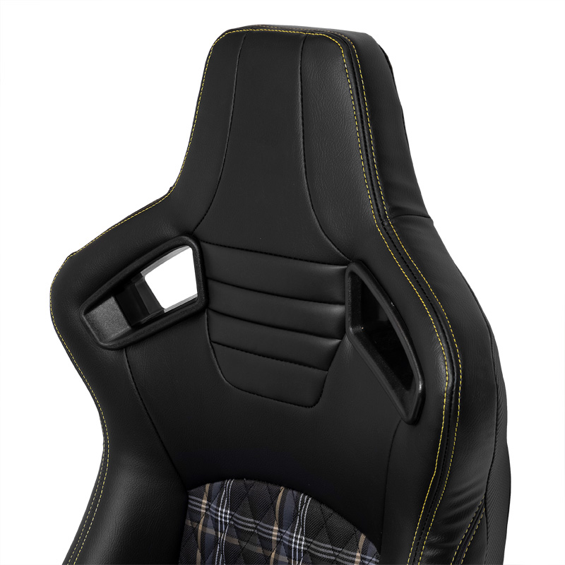 Siège baquet 'GT' - Simili Cuir Noir + Tissu en motif à carreaux Jaune + Surpiqûres Jaune - Dossier réglable - incl. glissières