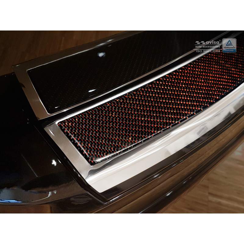 Protection de seuil arrière inox 'Deluxe' sur mesure pour Volvo XC60 2013-2016 Chromé/Carboné noir-rouge